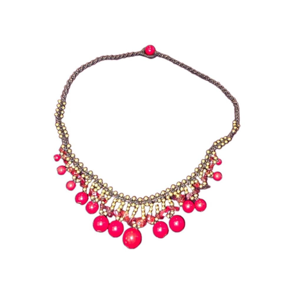 Handmade Knotted Brass Bead Bib Necklace Red Drop Beads Boho Tribal Statement - Picture 10 of 16